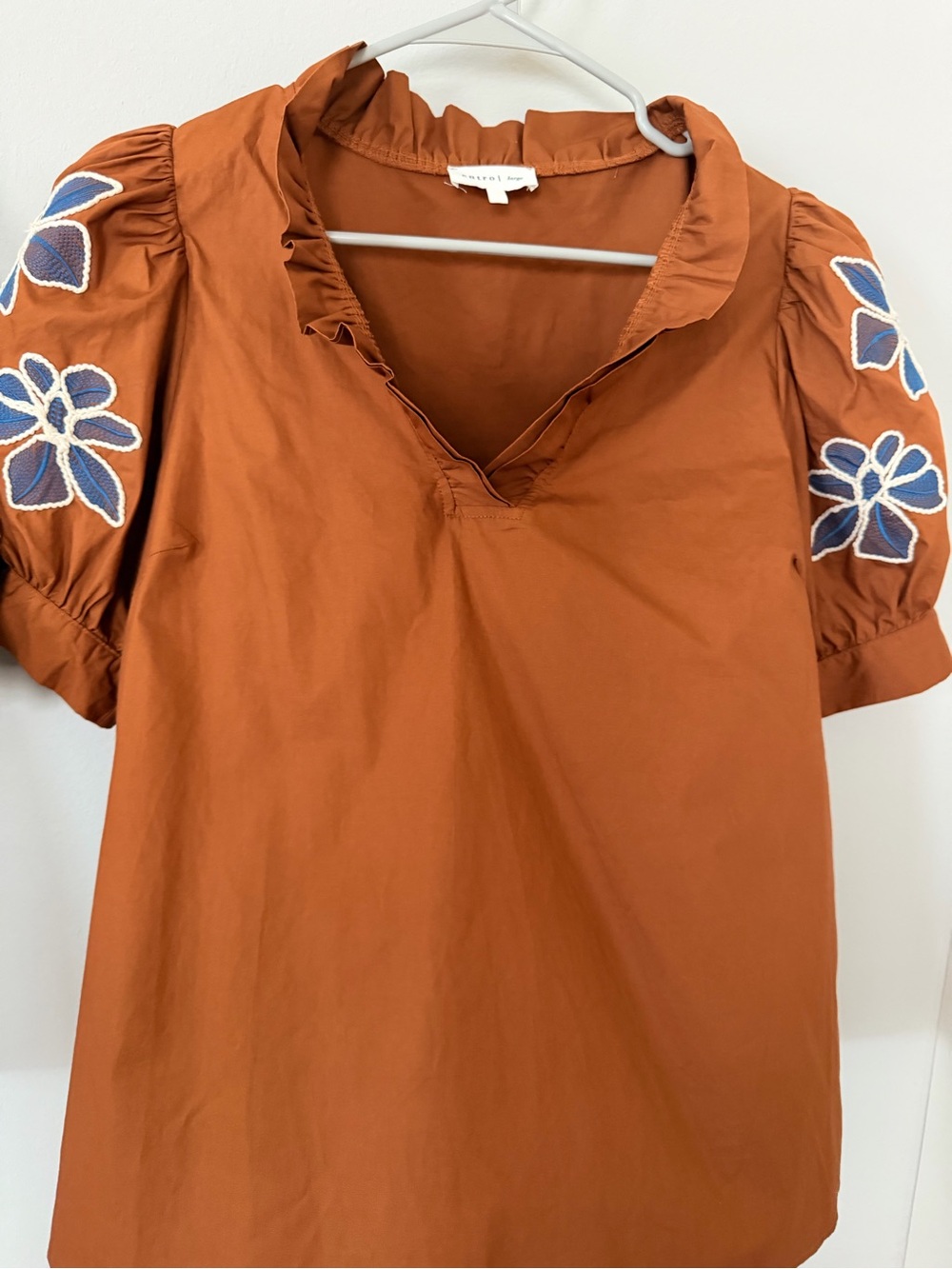 entro Rust Floral-Embroidered Puff Sleeve Top